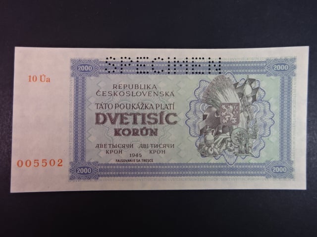 2000 K 1945 série 10 Úa, perf. SPECIMEN nahoře, poloha vodoznaku A