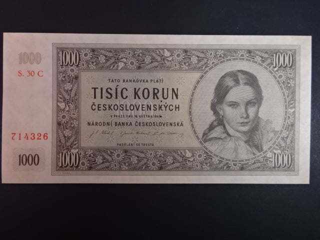 1000 Kčs 1945 série C 30, perf. "3md" nad sebou