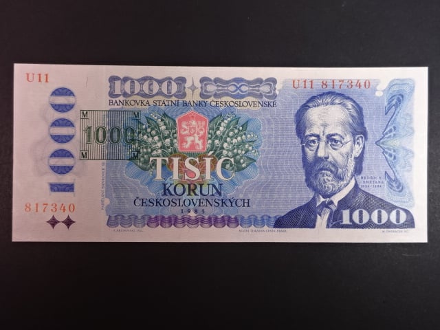 1000 Kč 1985/1993 série U 11 I.deska, kolek tištěný