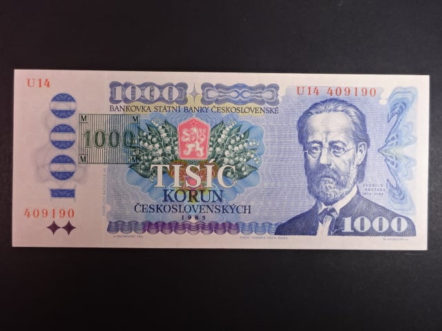 1000 Kč 1985/1993 série U 14 I.deska, kolek tištěný