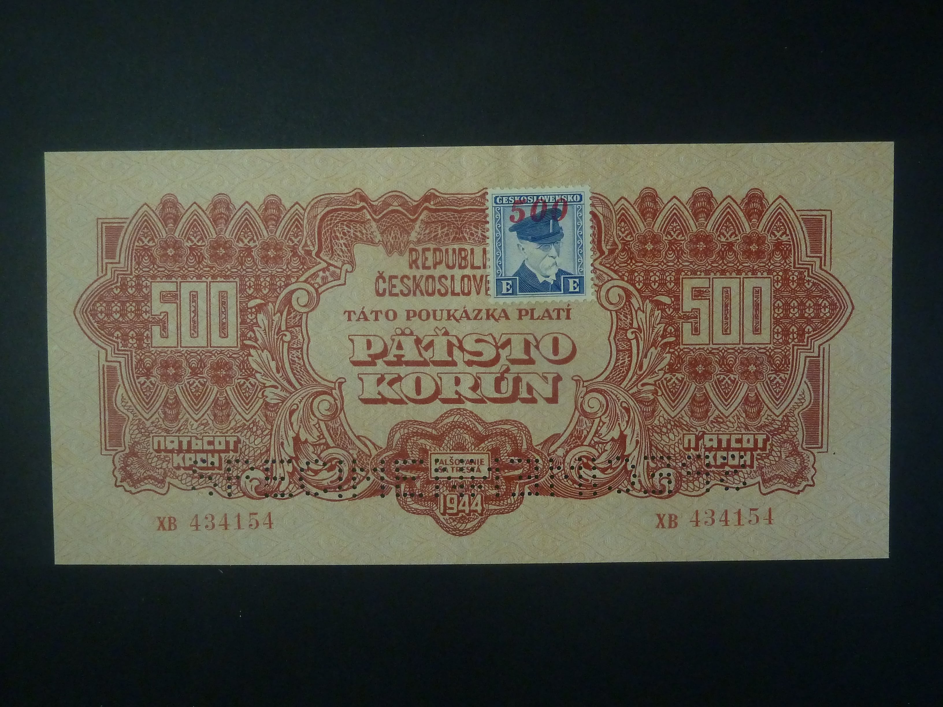 500 K 1944 kolkovaná série XB, 2x perf. SPECIMEN dole