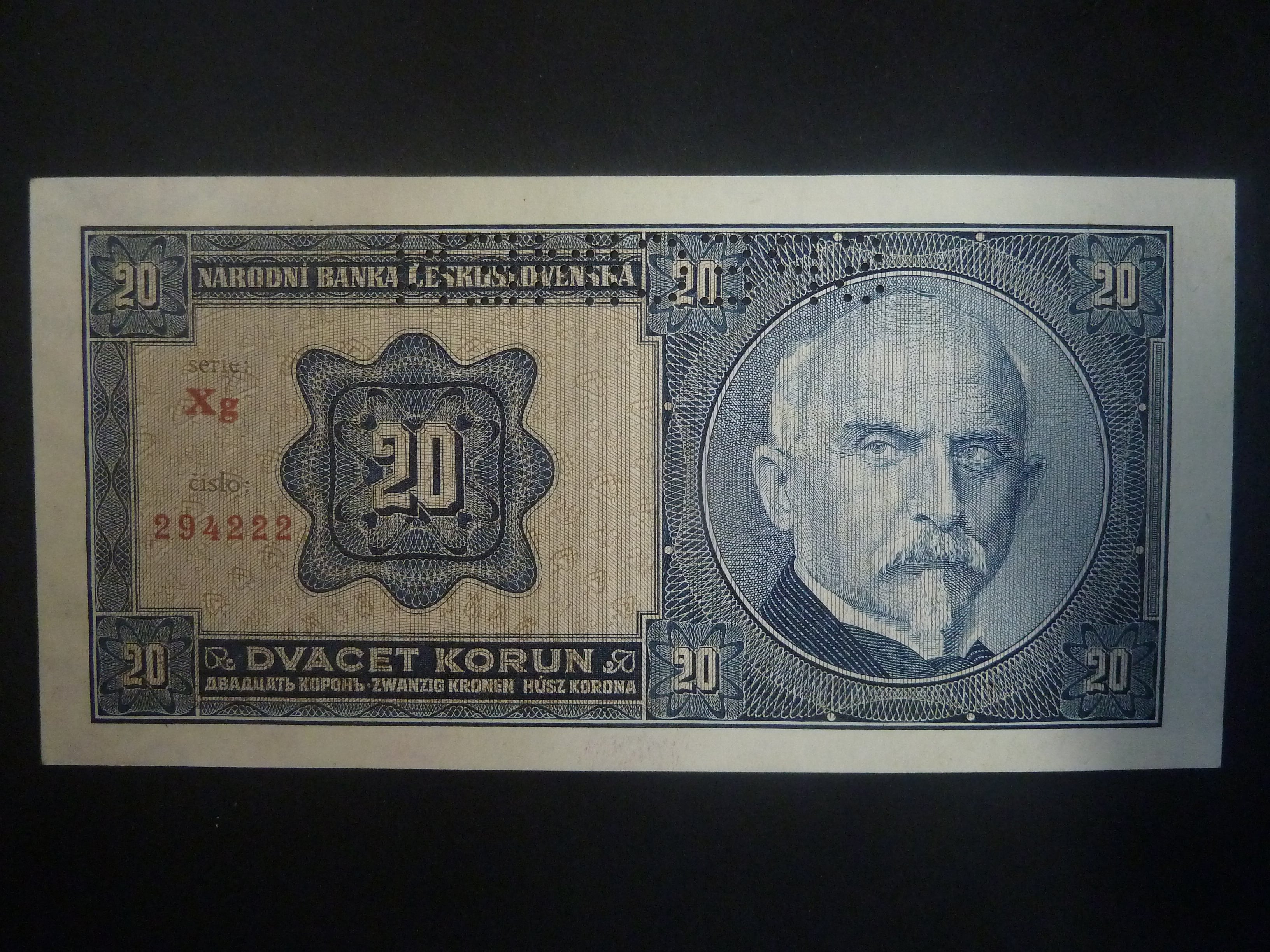 20 Kč 1926 série Xg, perf. SPECIMEN z líce