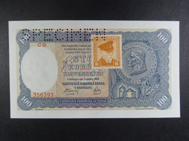 100 Ks 1940 I.vydání, kolkovaná série J 6, perf. SPECIMEN dole