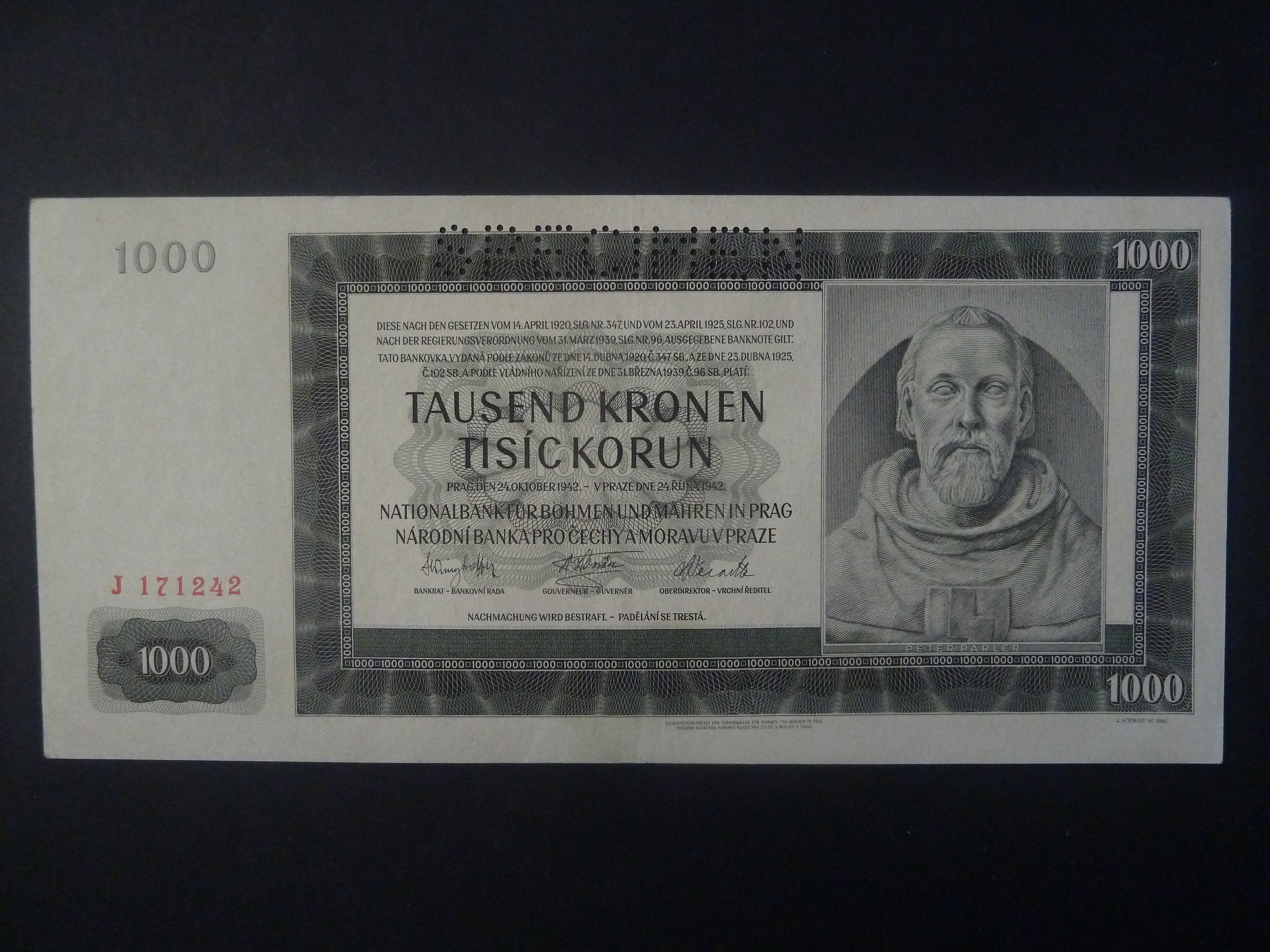 1000 K 1942 série J, I. vydání, perf. SPECIMEN