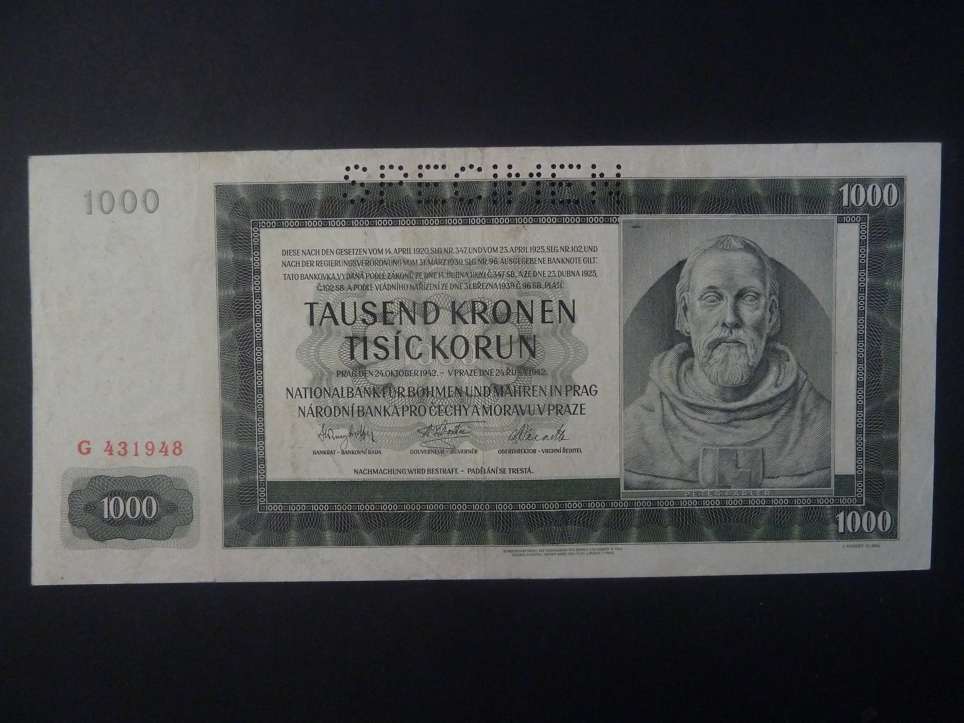 1000 K 1942 série G, I. vydání, perf. SPECIMEN