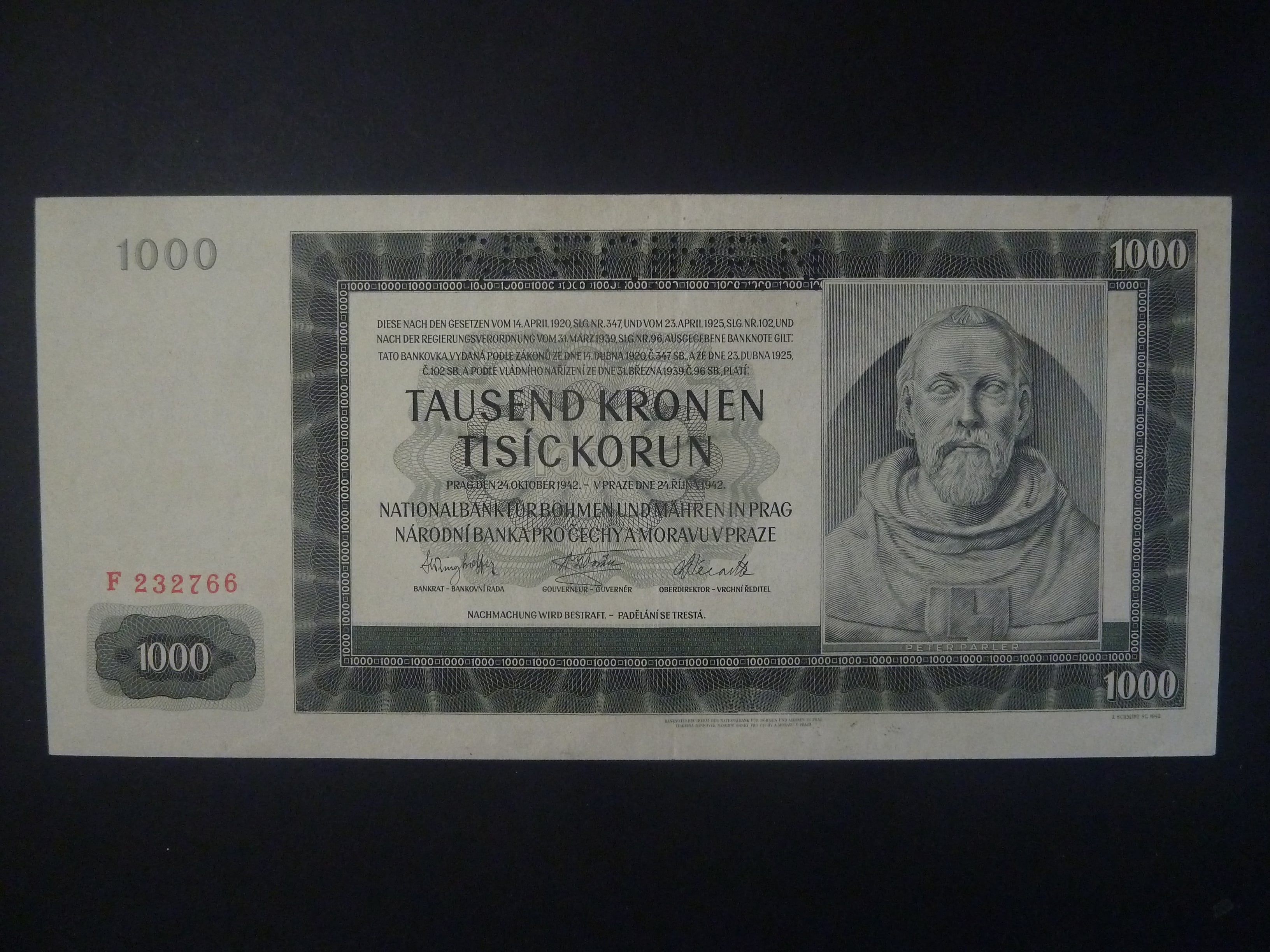 1000 K 1942 série F, I. vydání, perf. SPECIMEN