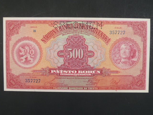 500 Kč 1929 série H, 1x perf. SPECIMEN