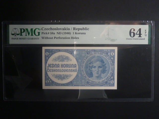 1 Kčs 1946, nevydaná, světle modrá, PMG 64