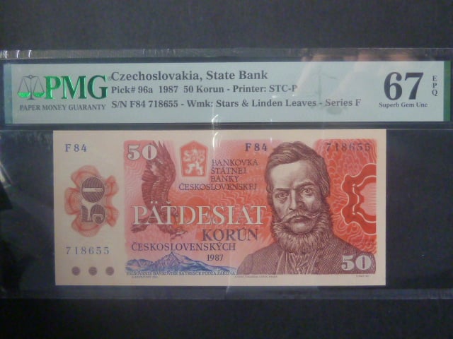 50 Kčs 1987 série F 84, sériové čísla dál od sebe, PMG 67