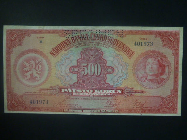 500 Kč 1929 série B, 1x perf. SPECIMEN