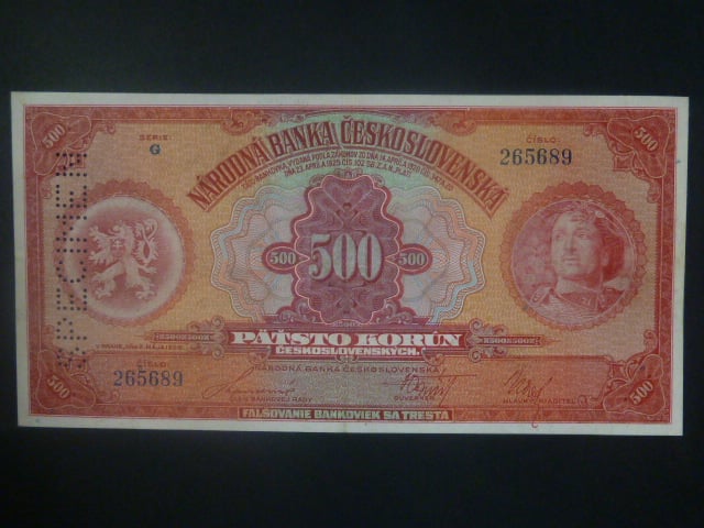 500 Kč 1929 série G, 1x perf. SPECIMEN svisle vlevo