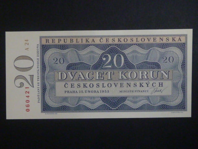 20 Kčs 1953 série A 24, nevydaná, původní exemplář, bezvadná kvalita