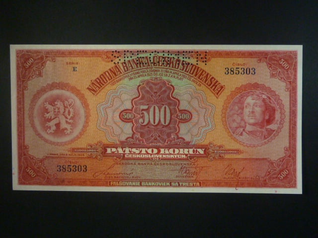 500 Kč 1929 série E, 1x perf. SPECIMEN