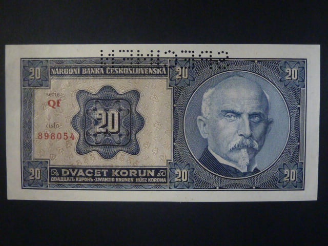 20 Kč 1926 série Qf, perf. SPECIMEN z líce