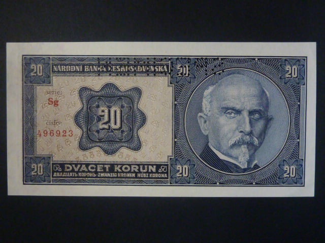 20 Kč 1926 série Sg, perf. SPECIMEN z líce