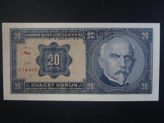 20 Kč 1926 série Me, perf. SPECIMEN z líce