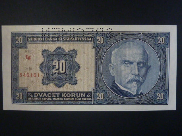 20 Kč 1926 série Ig, perf. SPECIMEN z líce