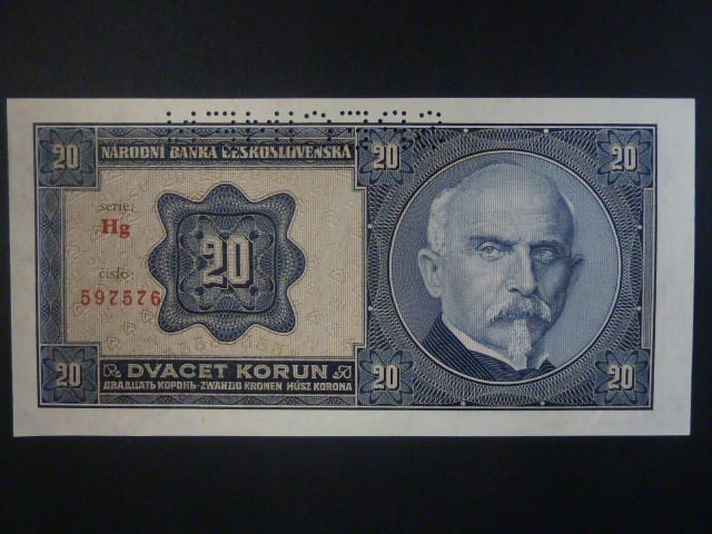 20 Kč 1926 série Hg, perf. SPECIMEN z líce