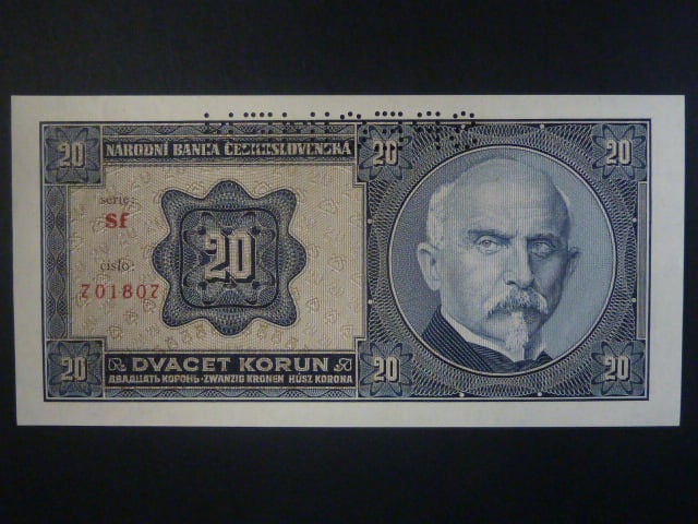 20 Kč 1926 série Sf, perf. SPECIMEN z líce