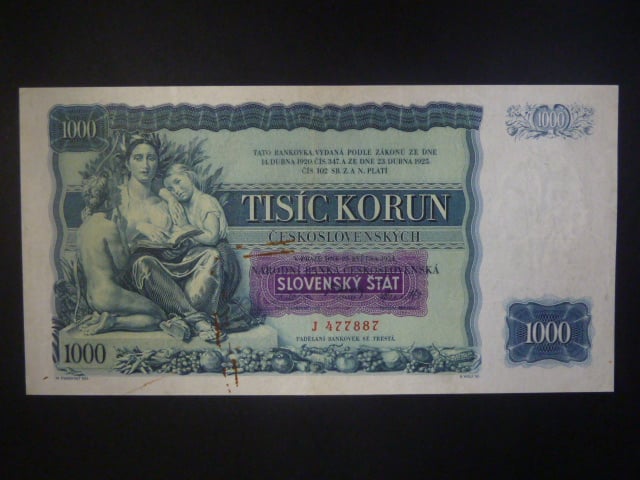 1000 Ks 1934/1939 s přetiskem série J, stopy rzi