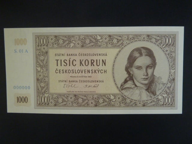 1000 Kčs 1951 série A 01 000000 anulát novotisk vydaný STC ve spolupráci s ČNB, papír s vodoznakem, kvalitní tisk, dárkový obal