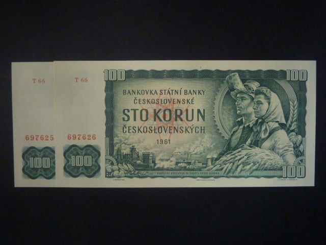 100 Kčs 1961 série T 66, dva kusy s čísly po sobě