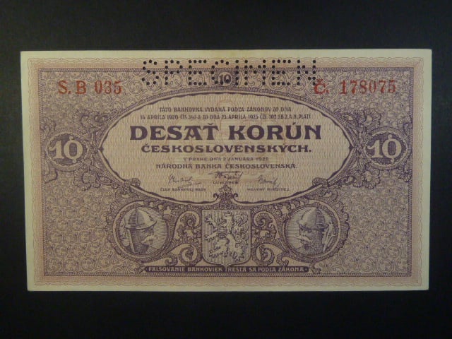 10 Kč 1927 série B 035, perf. SPECIMEN