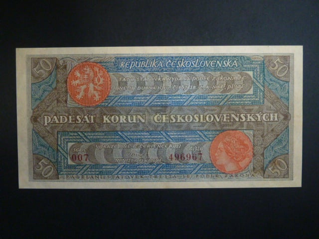50 Kč 1922 série 007 číslovač 4d úzké číslice