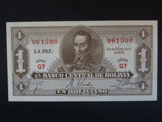 BOLÍVIE, 1 Boliviano 1928, BNB. B317g, Pi. 128a