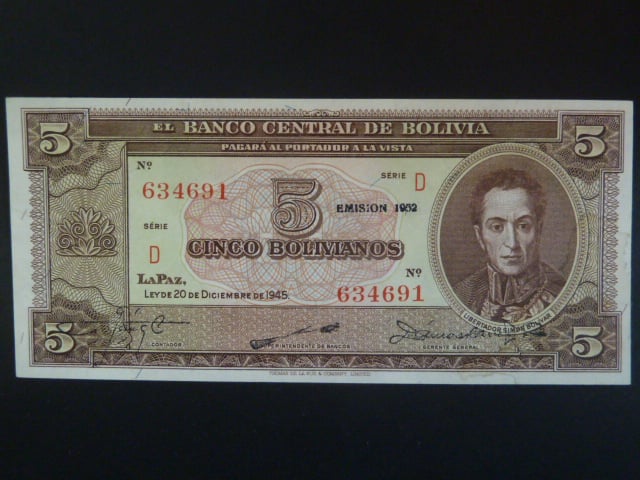 BOLÍVIE, 5 Bolivianos 1952 "černá emise", BNB. B327i, Pi. 138c