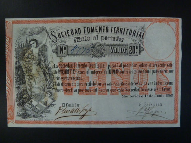 URUGUAY, 20 Pesos Montevideo 1. 6. 1868, Pi. S. 482