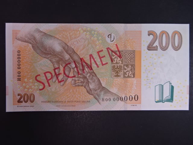 200 Kč 2018 série H 00 000000 anulát s červeným přetiskem SPECIMEN, vzácný