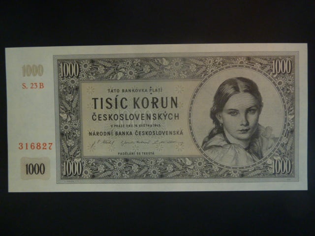 1000 Kčs 1945 série B 23, perf. "3md" nad sebou