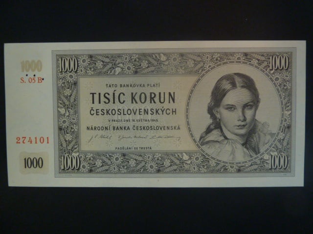 1000 Kčs 1945 série B 05, perf. "3md" do obloučku