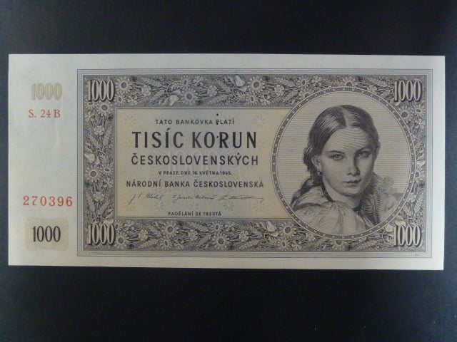 1000 Kčs 1945 série B 24, perf. "3md" nad sebou