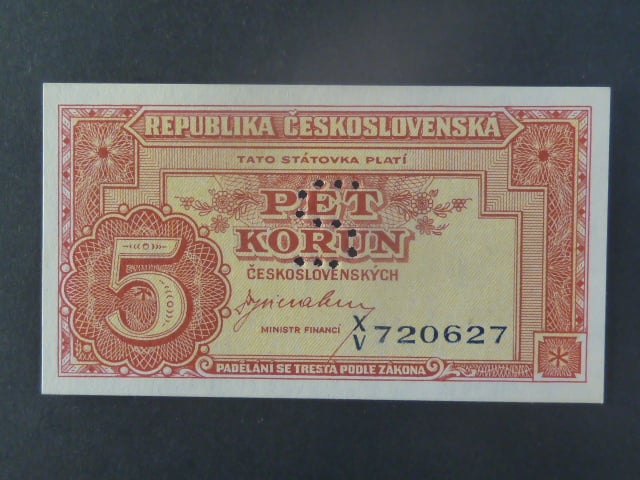 5 Kčs 1945 série X/V, perf. "S"
