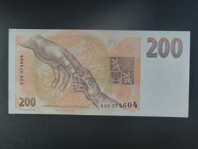 200 Kč 1993 série A 26 proužek Kčs, bílý papír