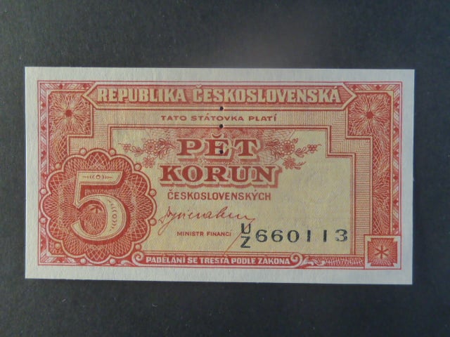 5 Kčs 1945 série U/Z, perf. "3md" nad sebou