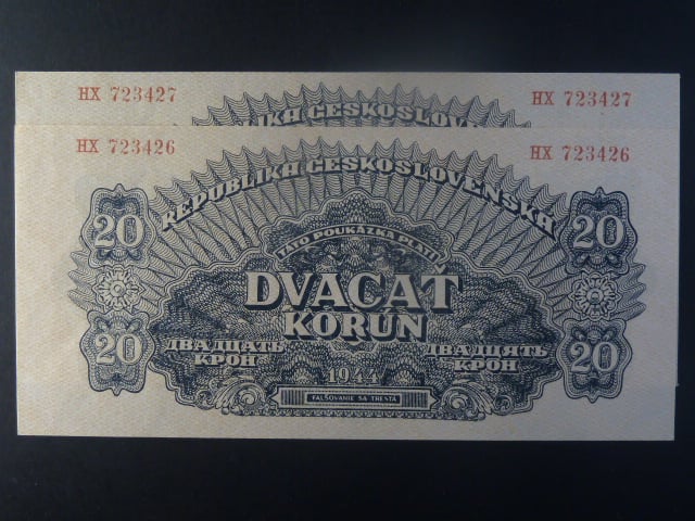 20 K 1944 série HX, číslovač 8, dva kusy s čísly po sobě