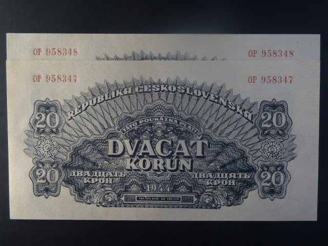 20 K 1944 série OP, číslovač 8, dva kusy s čísly po sobě