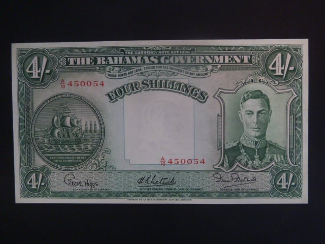 BAHAMY, 4 Schillings 1936, BNB. B108d, intro. 1947, Pi. 9