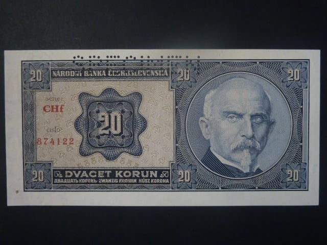 20 Kč 1926 série Chf, perf. SPECIMEN z rubu