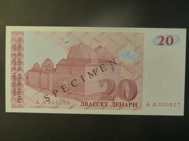 20 Denars 1993, BNB. B202as, Pi. 10, s přetiskem SPECIMEN