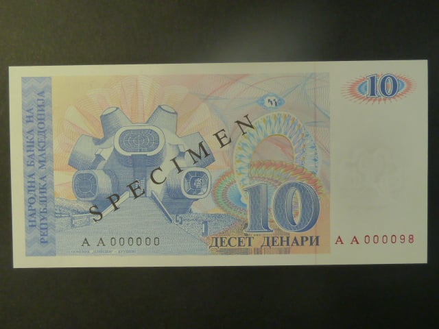 10 Denars 1993, BNB. B201as, Pi. 9, s přetiskem SPECIMEN
