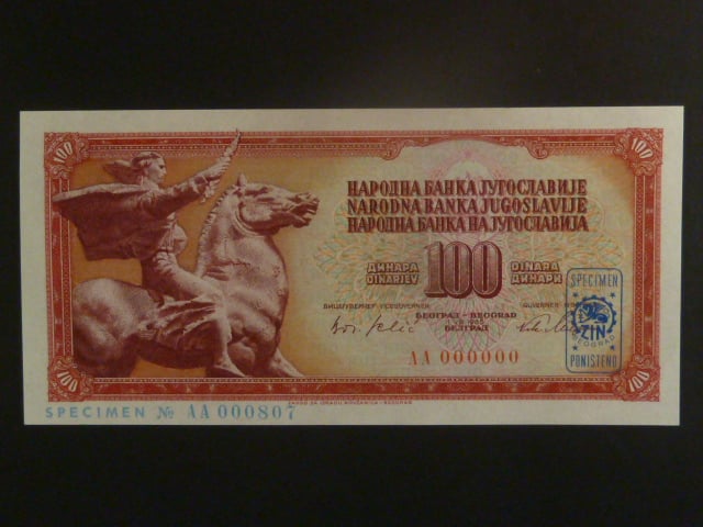 100 Dinara 1965 - modrý horizontální SPECIMEN, BNB. B412as, Pi. 80
