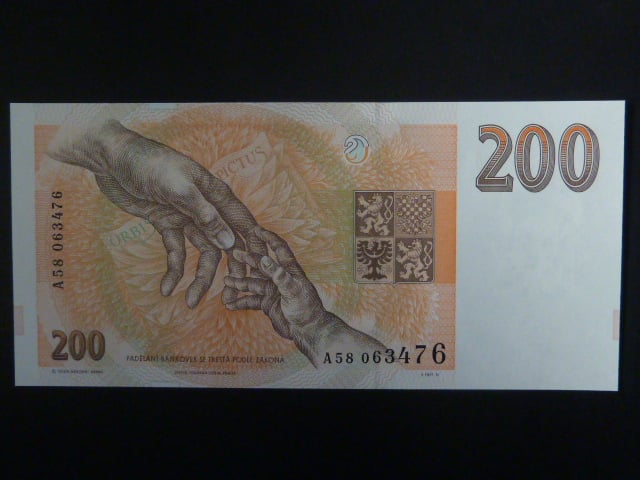 200 Kč 1993 série A 58 proužek Kčs, bílý papír