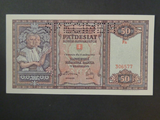 50 Ks 1940 série Fn, perf. SPECIMEN nahoře