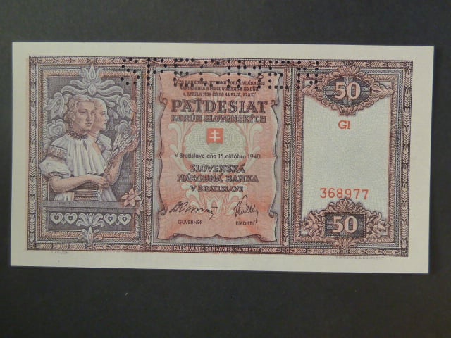50 Ks 1940 série Gl, perf. SPECIMEN nahoře
