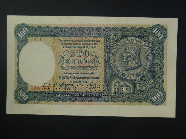 100 Ks 1940 II.vydání, série C 1, 1x perf. SPECIMEN dole