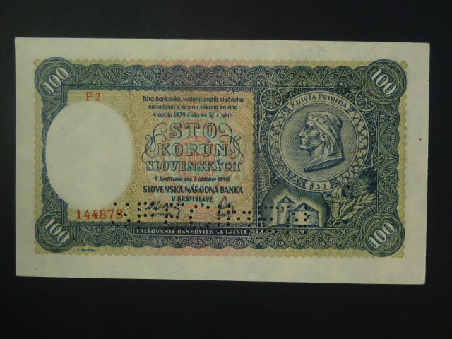 100 Ks 1940 II.vydání, série F 2, 1x perf. SPECIMEN dole